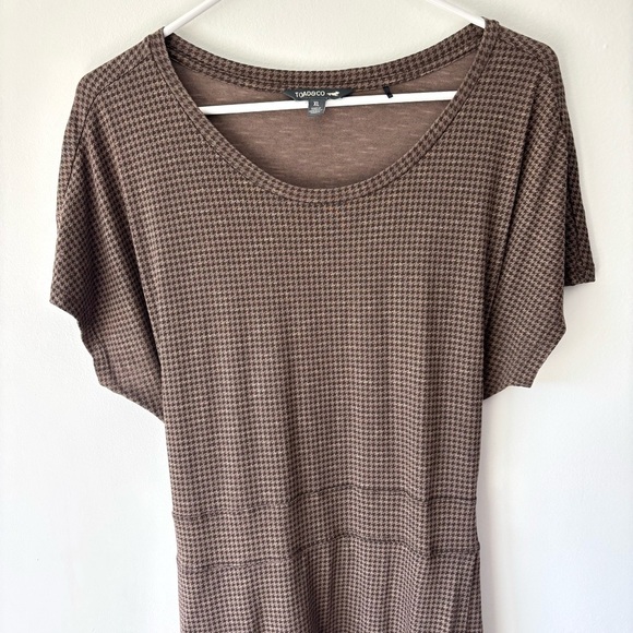 Toad&Co Brown Houndstooth Mini Wrap Dress Short Sleeve Scoop Neck Tie Waist - Picture 2 of 12
